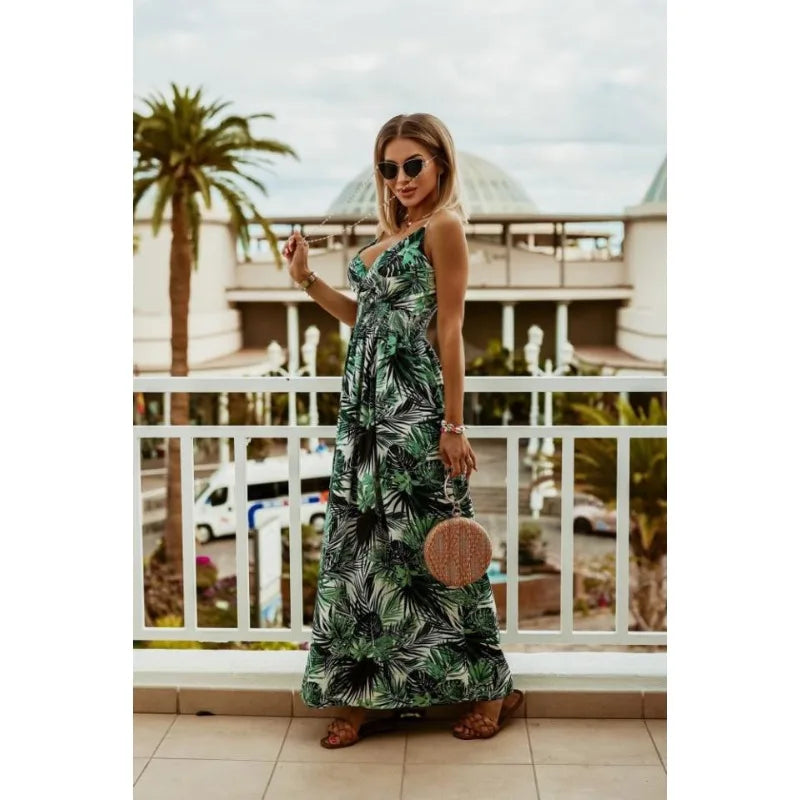 Spring Summer Elegant Women Corset Bohemian Dress Sexy New 2024 Fashion Strap V Neck High Waist Print Long Vacation Dress