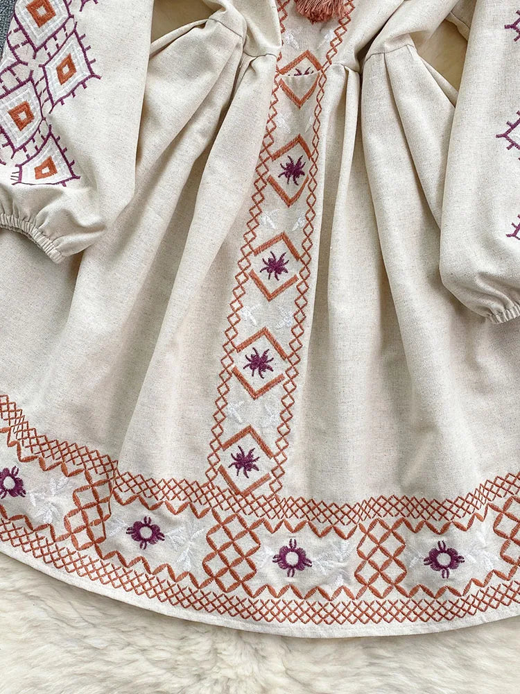 Women's Spring Dress Bohemian Retro Ethnic Style Diamond Cotton Linen Blend Embroidered Lantern Sleeves Mini Dress DS003