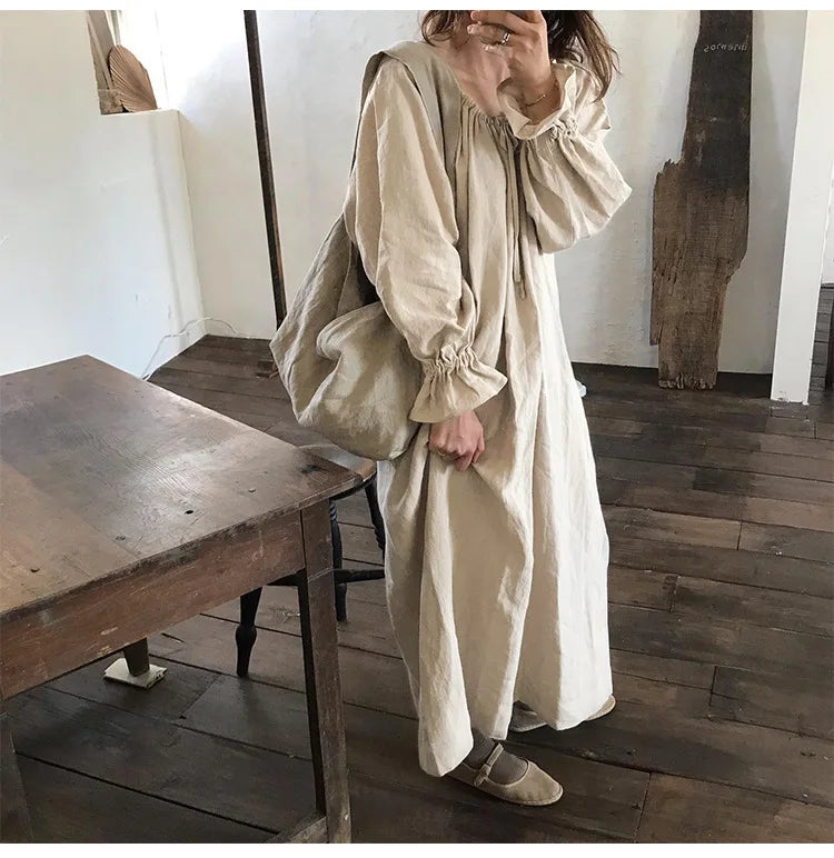 2025 New Spring Cotton Linen Dress for Women Solid Long Sleeve Drawstring Office Lady Elegant Maxi Dress
