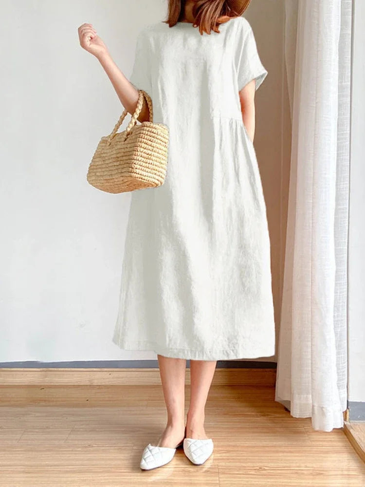 New in Spring Summer Women's Dress Elegant Casual Loose Short Sleeve Tops A-LINE Oversize Solid Midi Dresses for Women Clothing