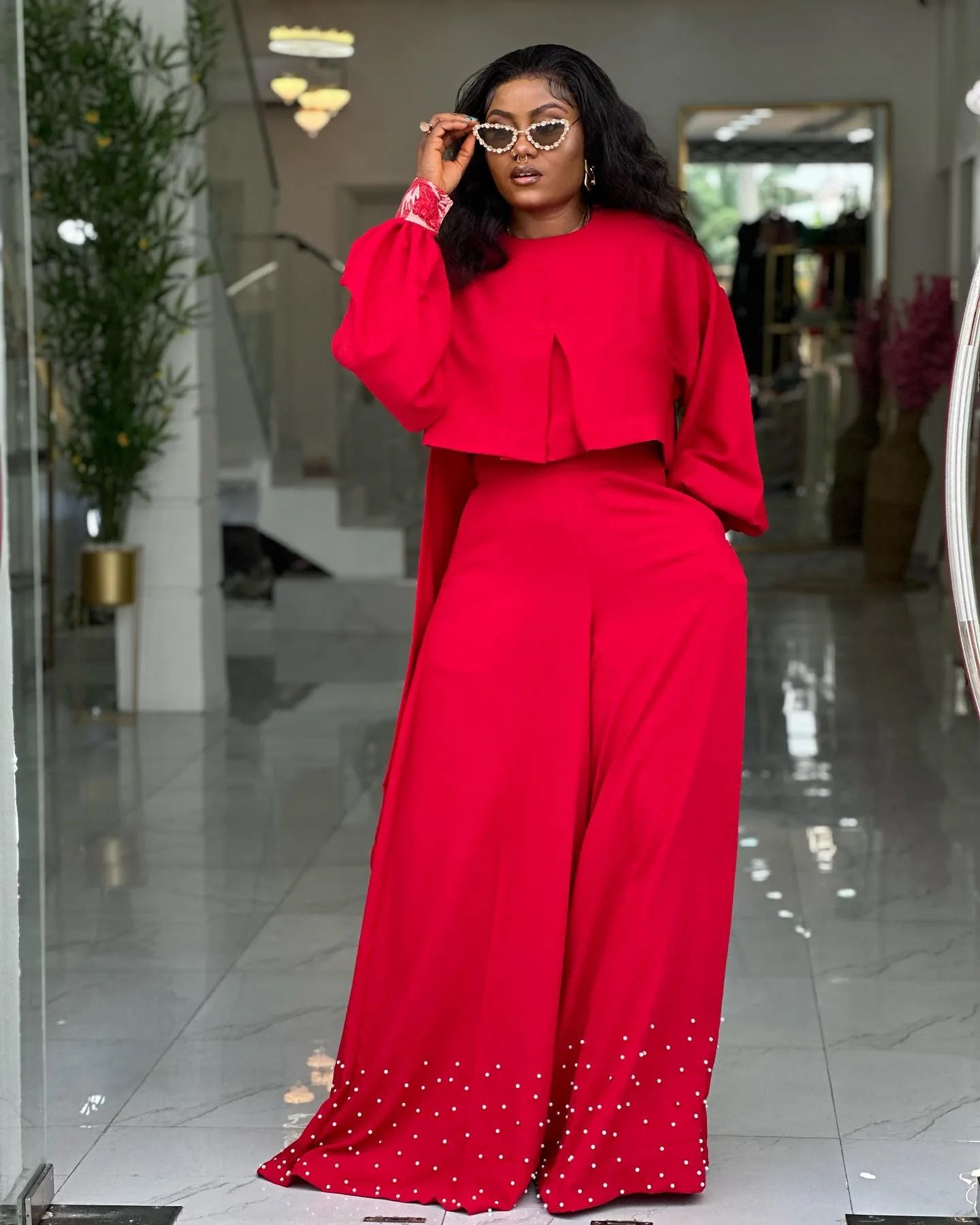 CM.YAYA Women's Set Long Sleeve High Low Maxi Blouse and Pearl Beading Wide Leg Pants 2025 Two 2 Piece Sets Outfits Tracksuit