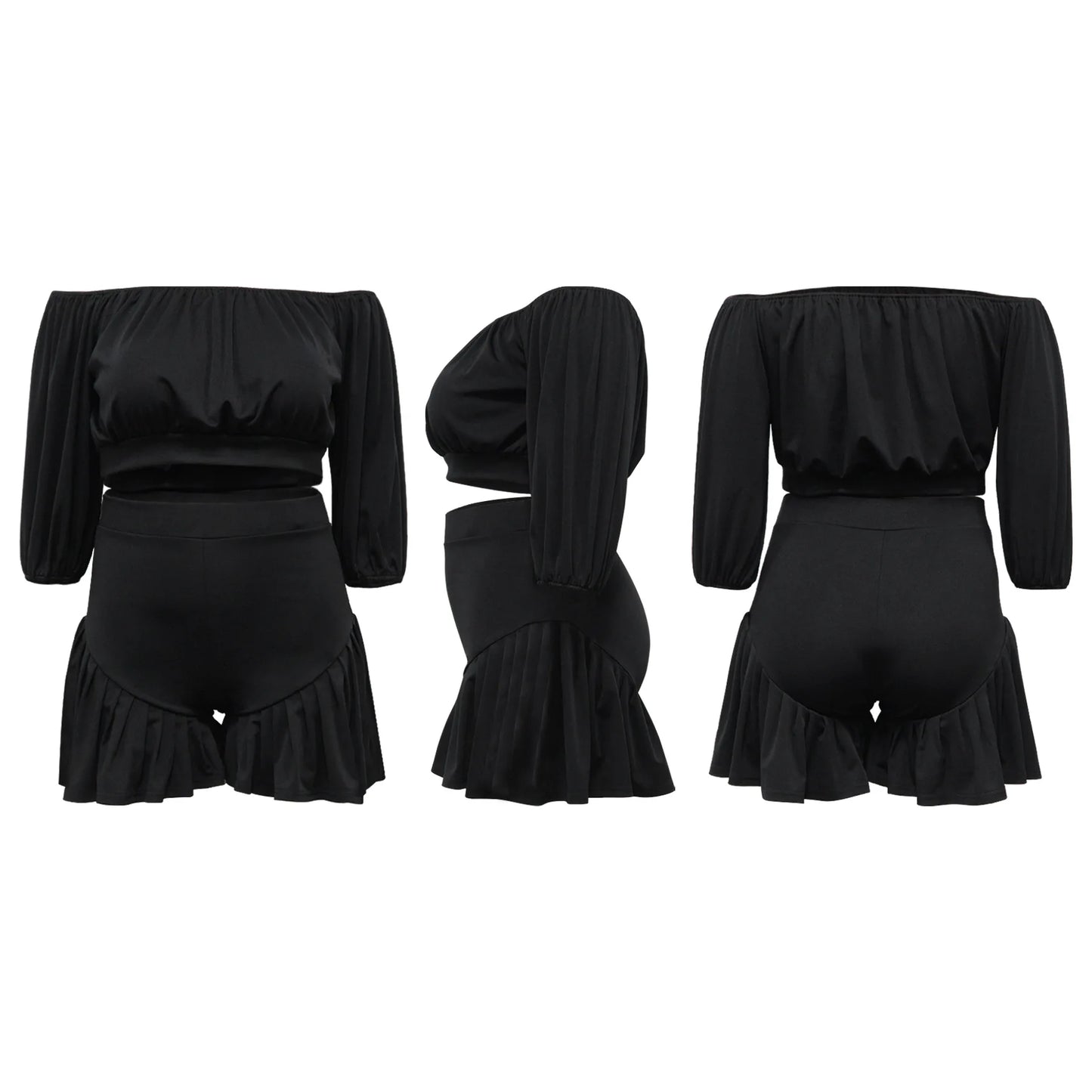 CM.YAYA Plus Size Women's Set Long Sleeve Slash Neck T-Shirt and Shorts 2025 Summer Ruched Two 2 Piece Set Outfits Tracksuit