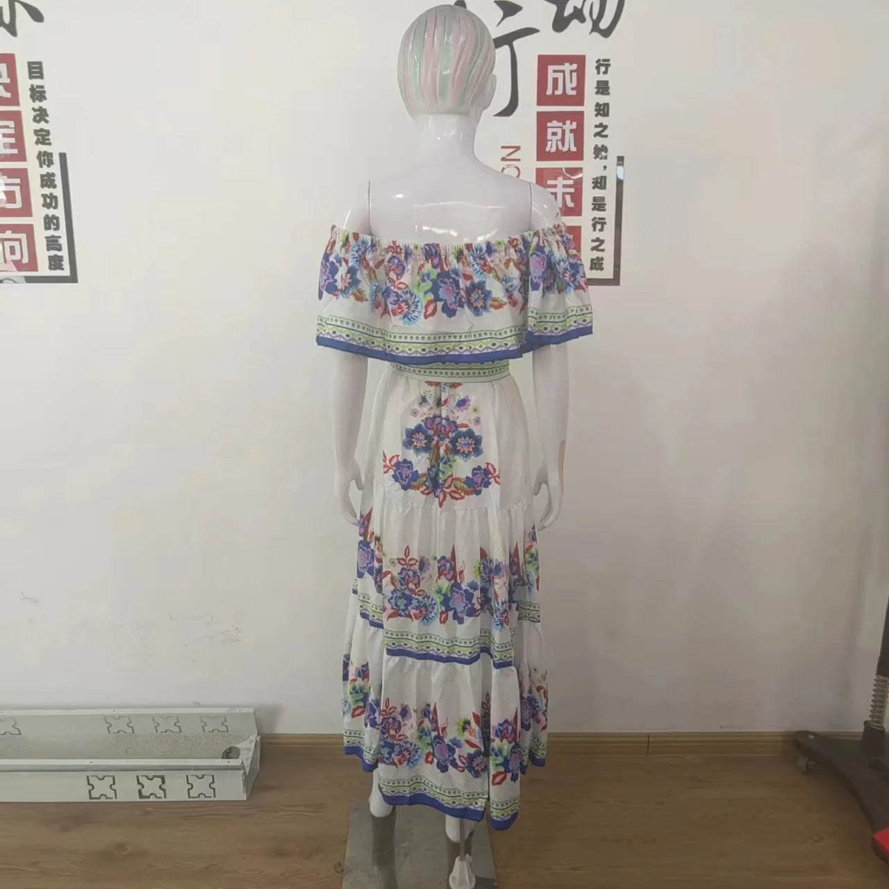2024 Spring Summer Women's New Sexy One Shoulder Off Shoulder Fashion Red Flower Printed Lace Up Waist Long Swing Dress