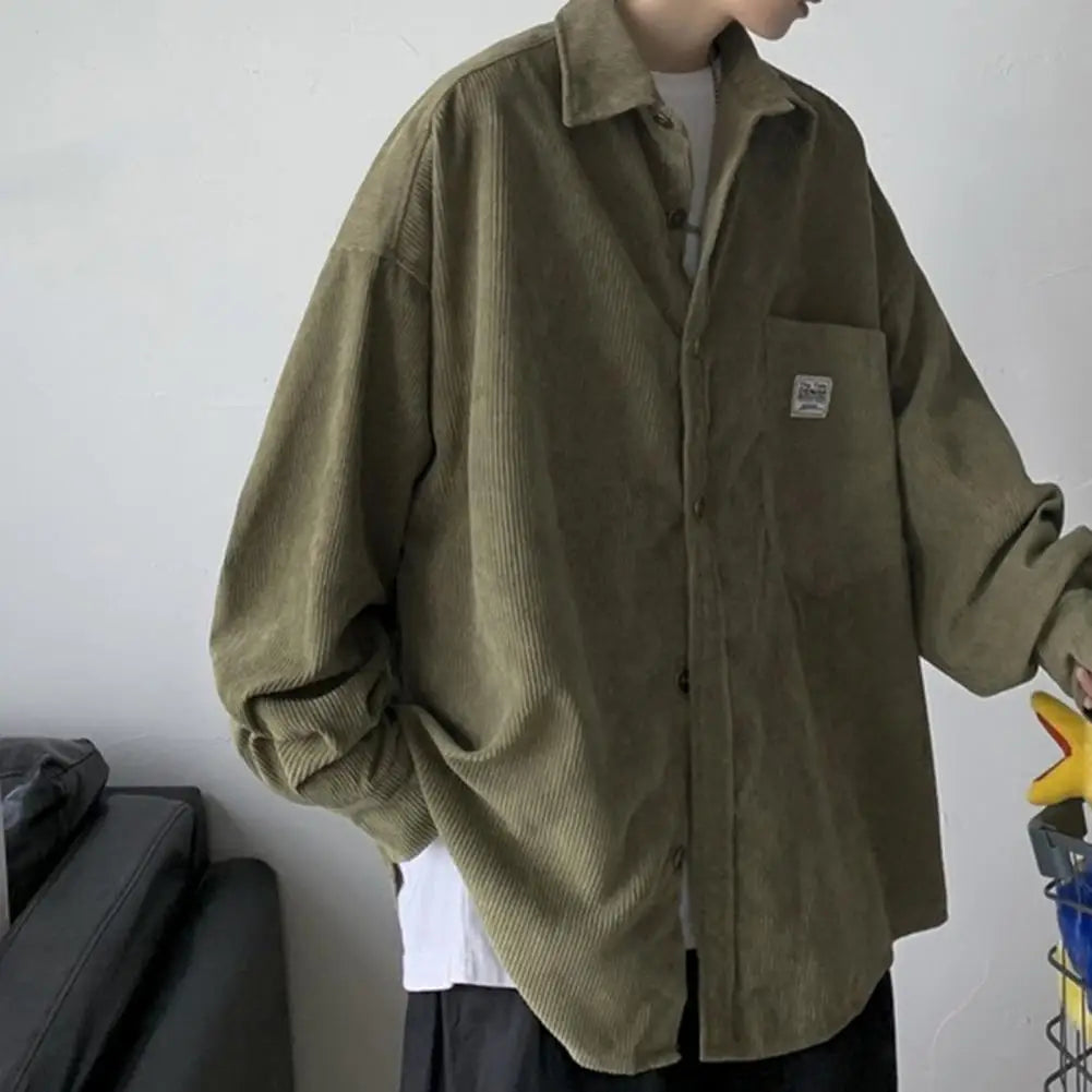 Spring Shirt Single-breasted Placket Casual Warm Corduroy Patch Pocket Men Tops Men Tops for Work