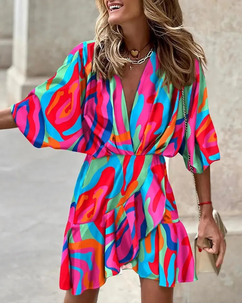 spring Irregular Mini Dress For Women Fashion Print Casual Bohemia Style Vacation Sundress Women's Bat Sleeve Ruffles Dresses