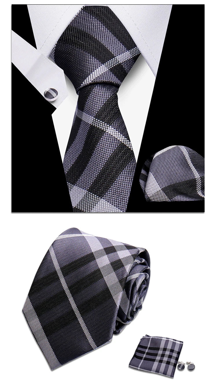 Classic Elegant Ties For Men Fashion Gifts Striped Solid Necktie Handchief Cufflink 3 Pcs Set Wedding Business Suit Accessories