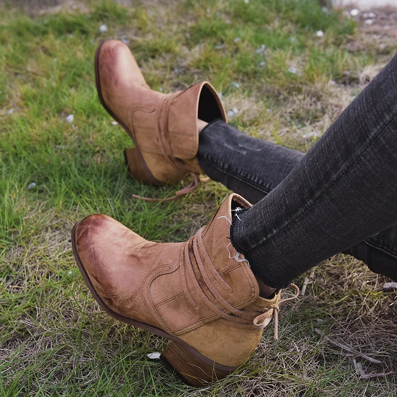 Women Boots 2022 Autumn Vintage Boots Women Chunky Heels Lace-up Booties Heeled Ankle Boots Botas De Mujer