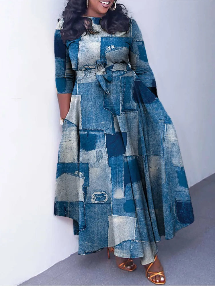 Women's 2024 Autumn New Style Fashionable Elegant Temperament Fashionable Printed Strap Waist Large Skirt Large Size Dress