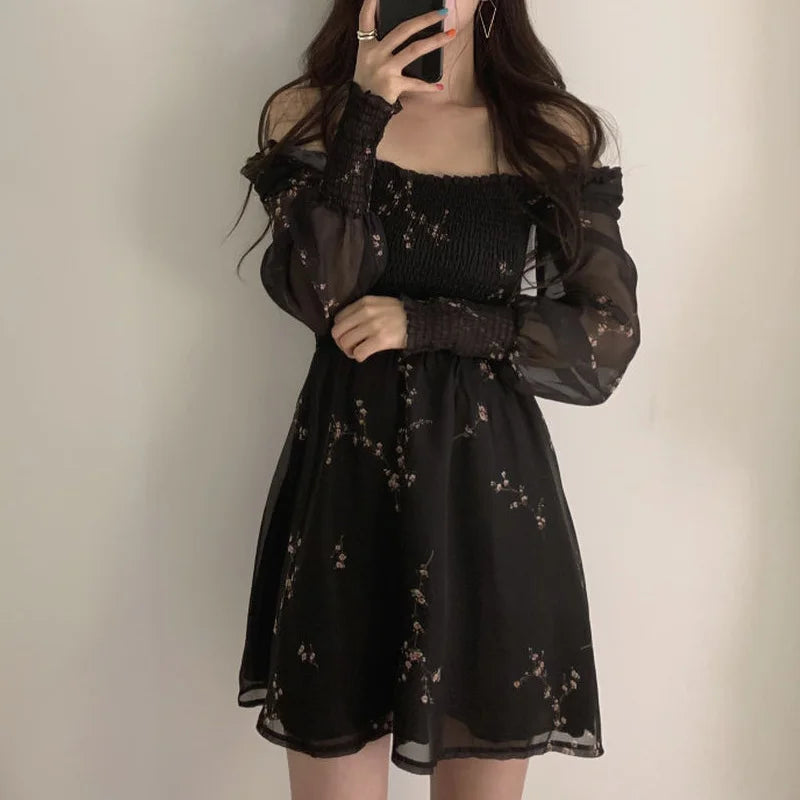Spring Womens Sexy Black Dress Vintage Flower Long Puff Sleeve Chiffon Dresses Korean Casual Mini Vestidos Mujer Clothes 13676