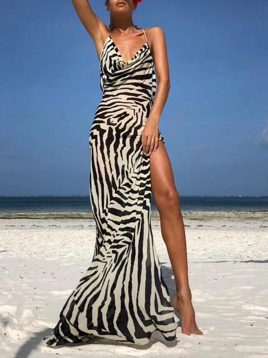 Women Split Long Dress Zebra Stripe/Leopard Print Drape Front Summer Backless Party Dress for Cocktail Beach Streetwear