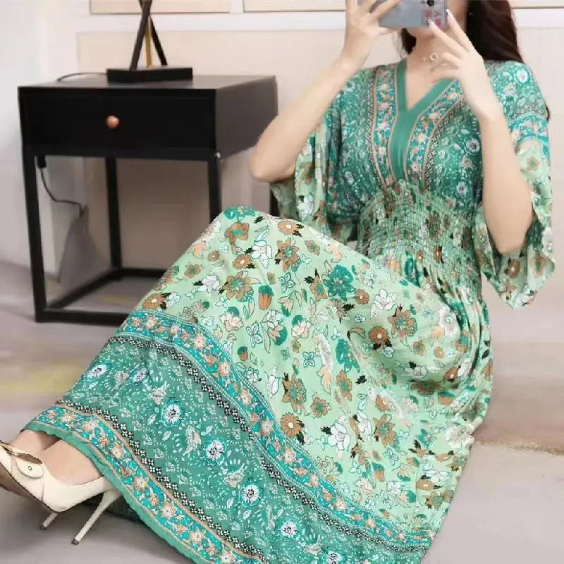 Spring New In Women's Dress V-Neck Short Sleeve Dress Elegant Sweet Print Dress Casual Retro Boho Elastic Waist A-Line Dress