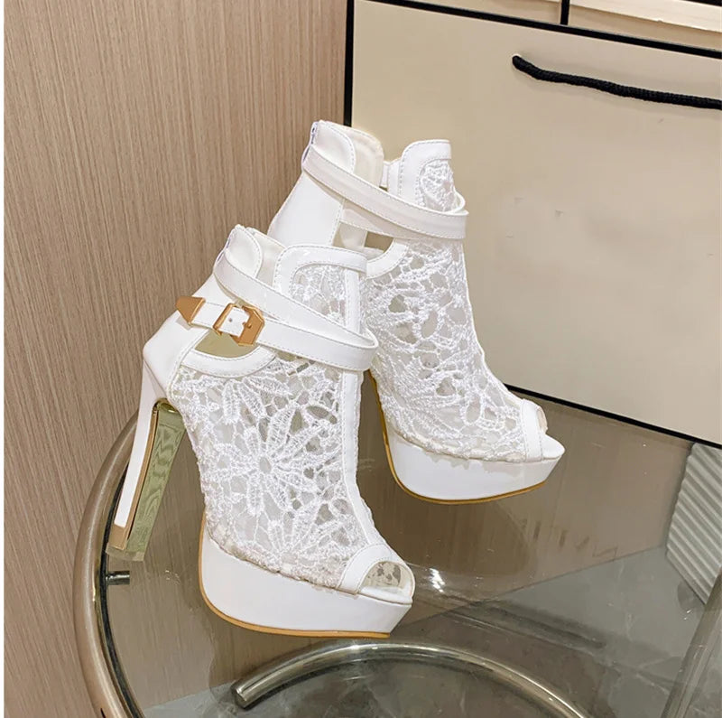 Hlieny Autumn Sexy Mesh Fabric Platform High Heels Boots Sandals Women Peep Toe Nightclub Party Stiletto Female Shoes