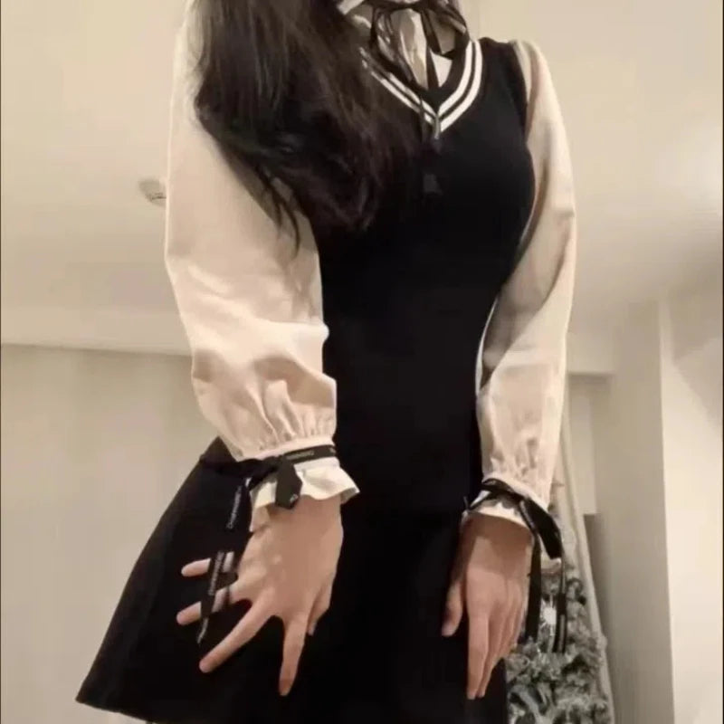 Spring Summer Fashion Fake Two Pieces Dresses Women High Street Turn-down Collar Long Sleeve Dress Elegant Button Bow Vestidos