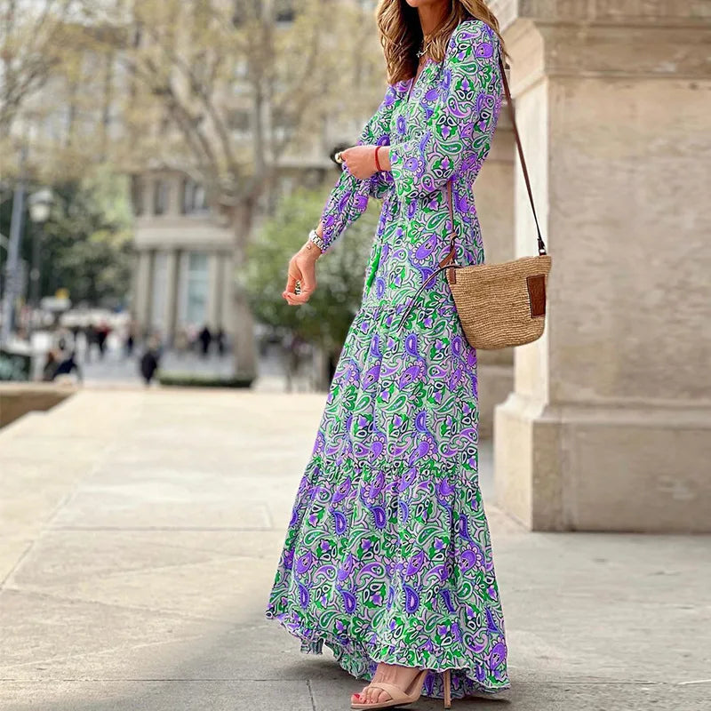 Elegant Women's Flower Long Dresses 2024 Spring New Bohemian Printed Dress Abıye Kadın Abiye Платье Robe Ete Femme Vestidos