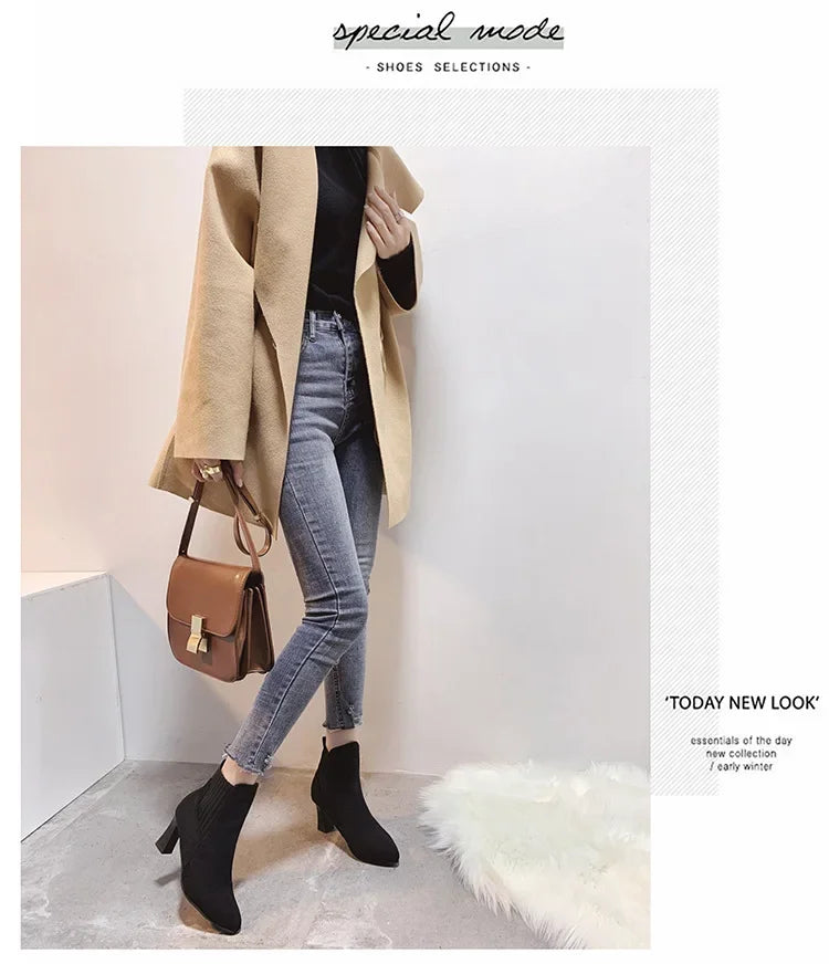 Ankle Boots Women 2024 Autumn Pointed Toe Knitted Warm Elastic Women's Shoes Casual High Heels Platform Boots Botas De Mujer