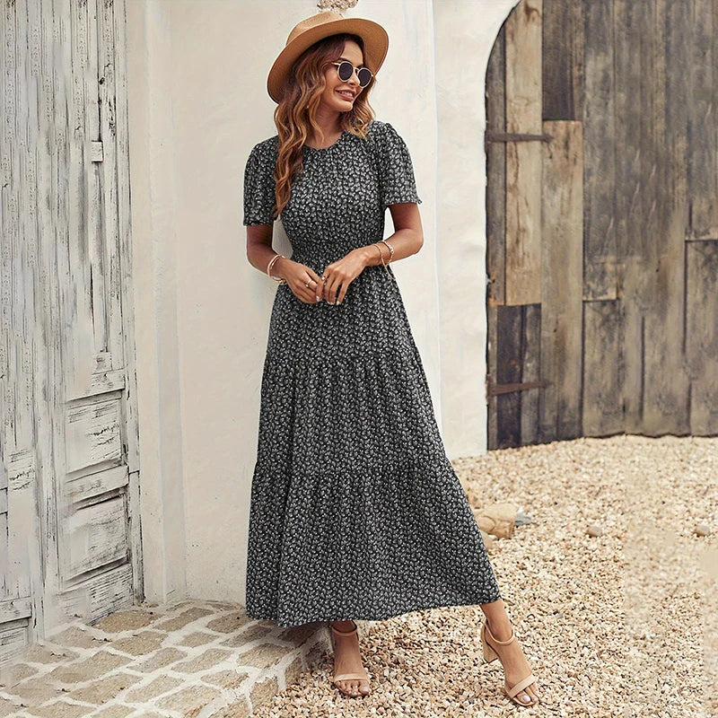 Spring Summer Tierred Dress Women Midi Dresses Female Short Sleeve Elastic Waist Printed Floral Pleated Backless Casual Dress
