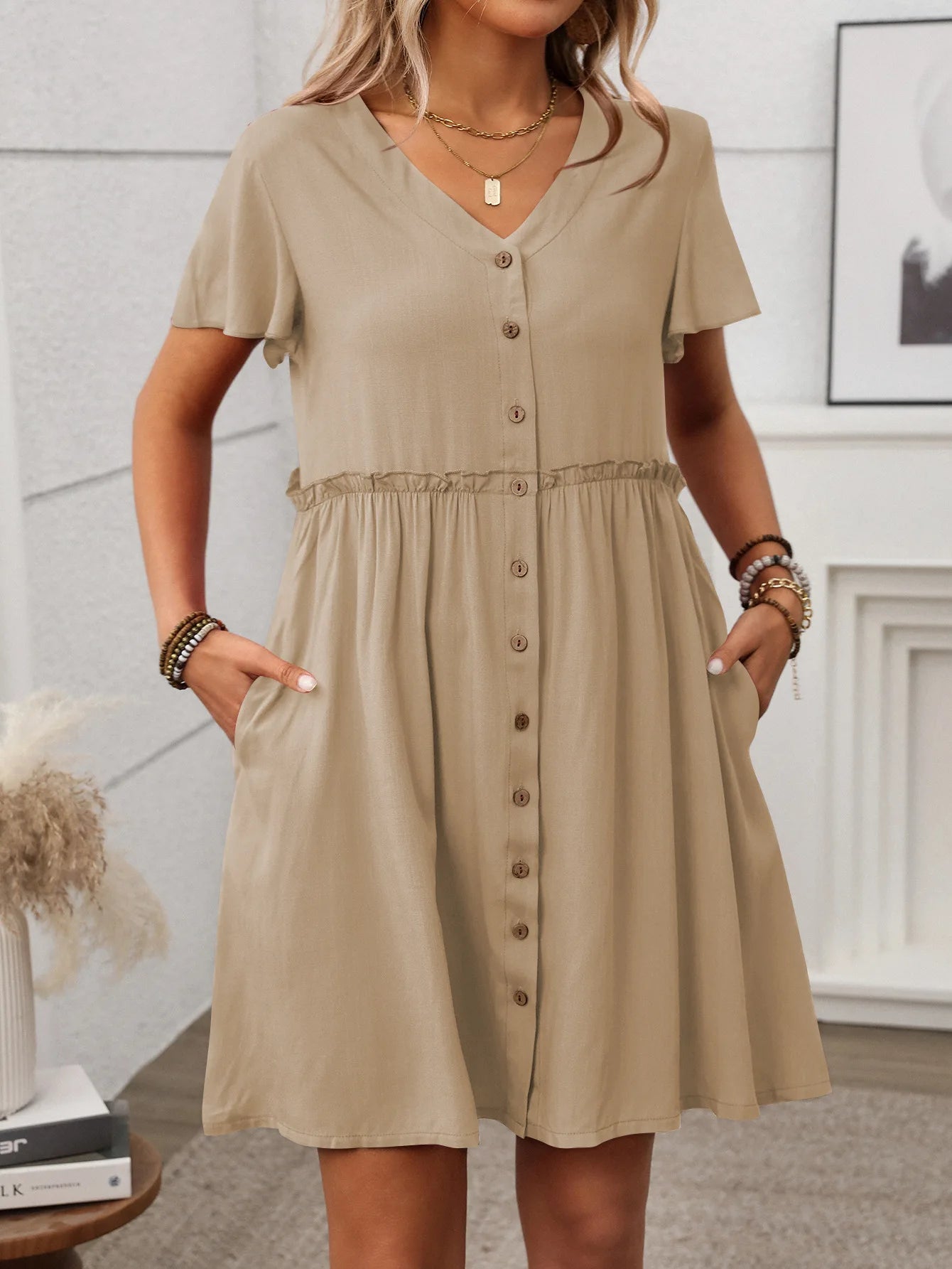 Spring Summer Button Down Dress Flutter Sleeve Cotton Linen A Line Dress With Pockets Beach Summer Knee Length Dresses For Women