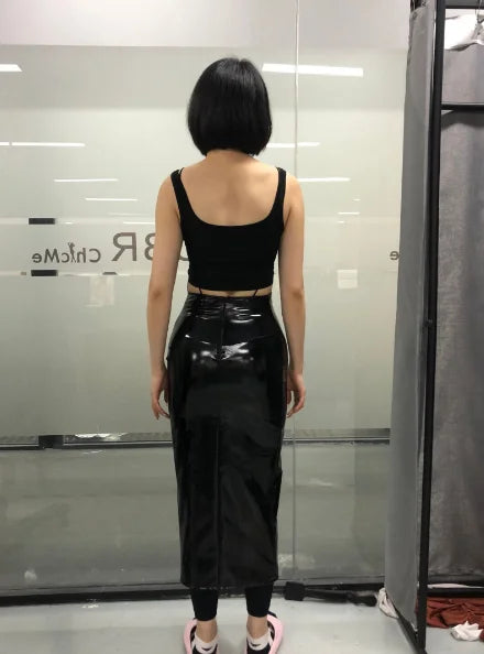 Women's Evening Dress 2024 Spring Summer Latest Commuting Black Pu Sexy V-Shaped Collar Open Back Sleeveness Sling Long Skirt