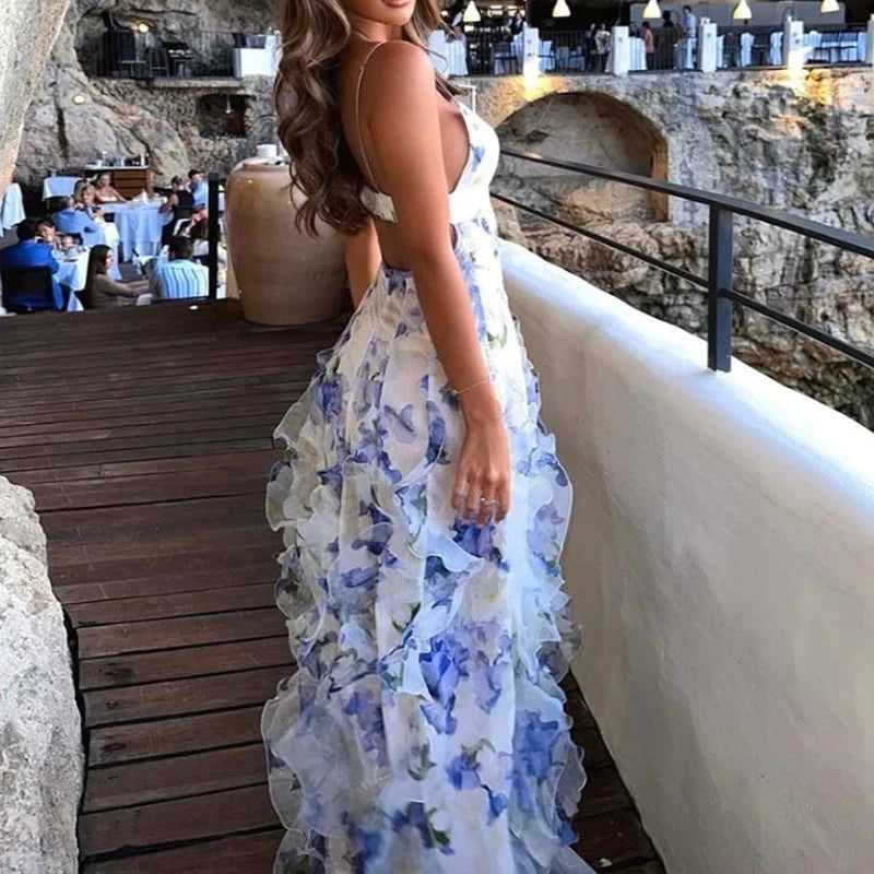 Spring Summer Floral Print Slim Chiffon Dress Female Fashion V Neck Ruffle Long Dress Elegant Sleeveless Party Dresses Vestidos
