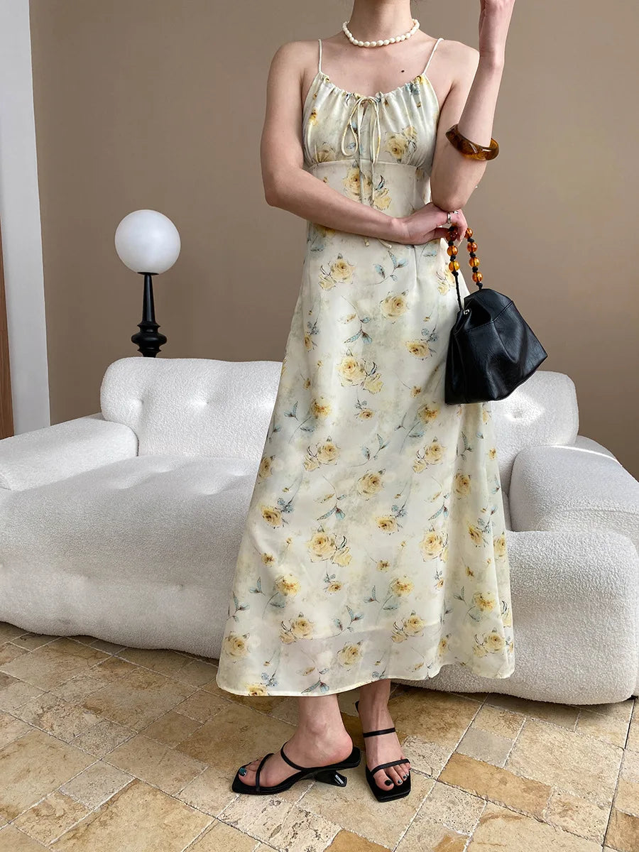 Spring and summer women's casual flower print slim fit suspender dress