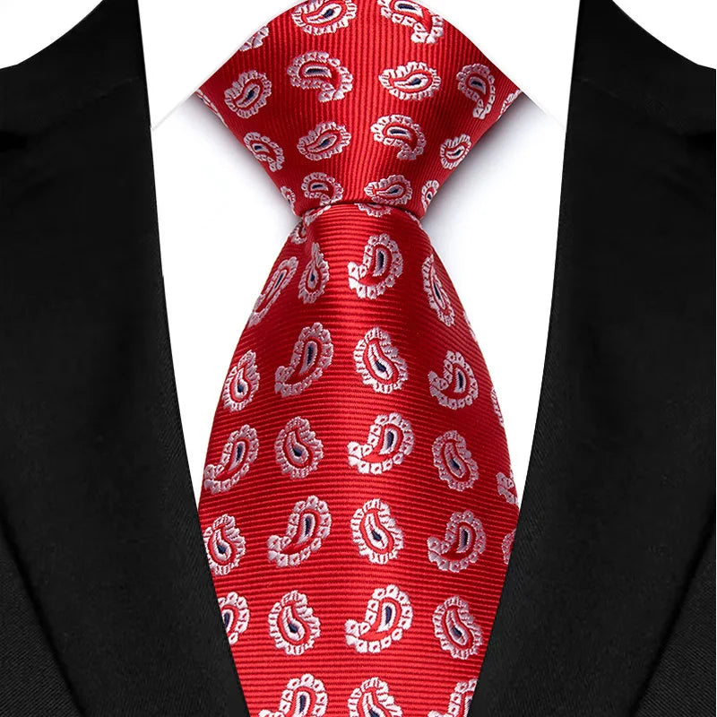 Luxury 8CM Mens Necktie Red Color Solid Stripes Paisley Ties For Man Groom Jacquard Woven Neck Tie For Business Wedding Party