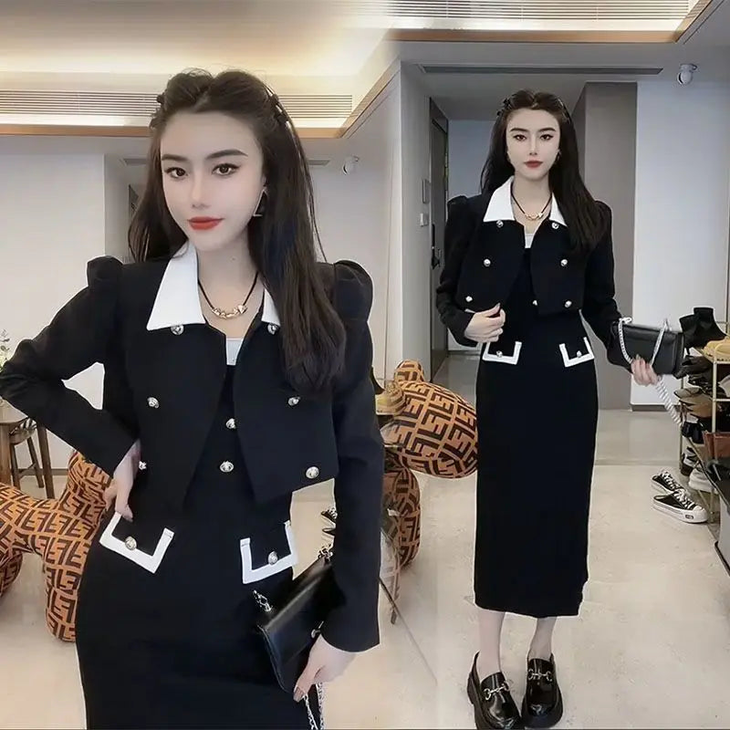 Spring Autumn New Dress Set Women Turn-down Collar Long Sleeve Button Patchwork Cardigan Elegant Slim All-match Slip Dresses