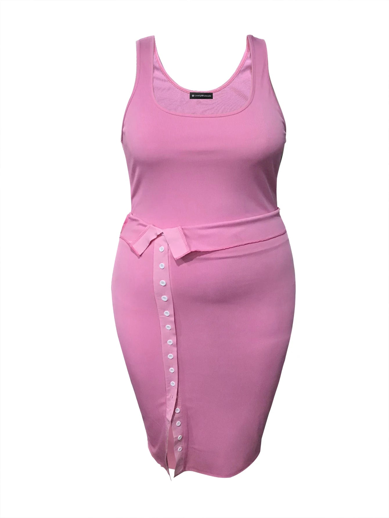 LW Plus Size Cami Button Design Skirt Set Sleeveless Round Neck Tank Top Slit Wrapped Skirt Summer Causal Solid Suit Outfit