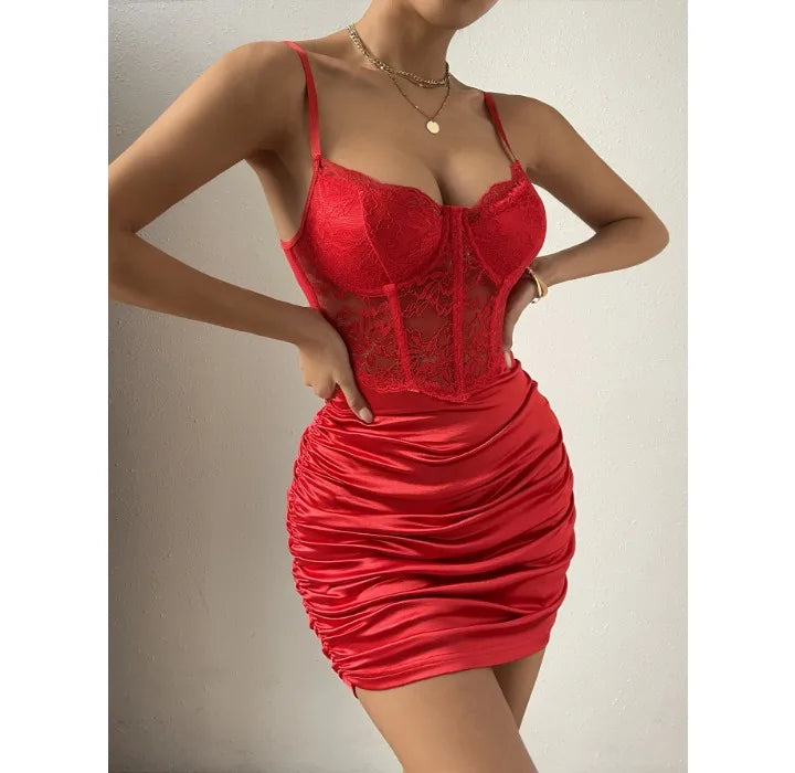 Sleeveless Dress for Woman New Summer 2024 Sexy Lace Pleated Flower Patterned Hip Wrap Skirt Y2k Slim Fit Dresses for Female