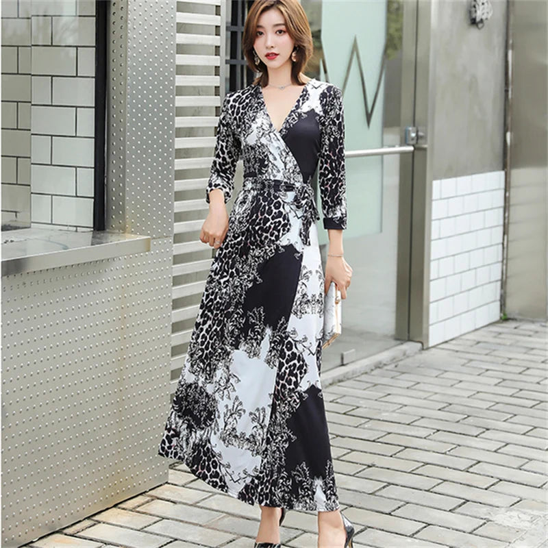 FANIECES Summer Wrap Dresses Women Sexy V Neck Split Maxi Dress Print Female Casual Beachwear Lace Up Party Vestidos Robe платье