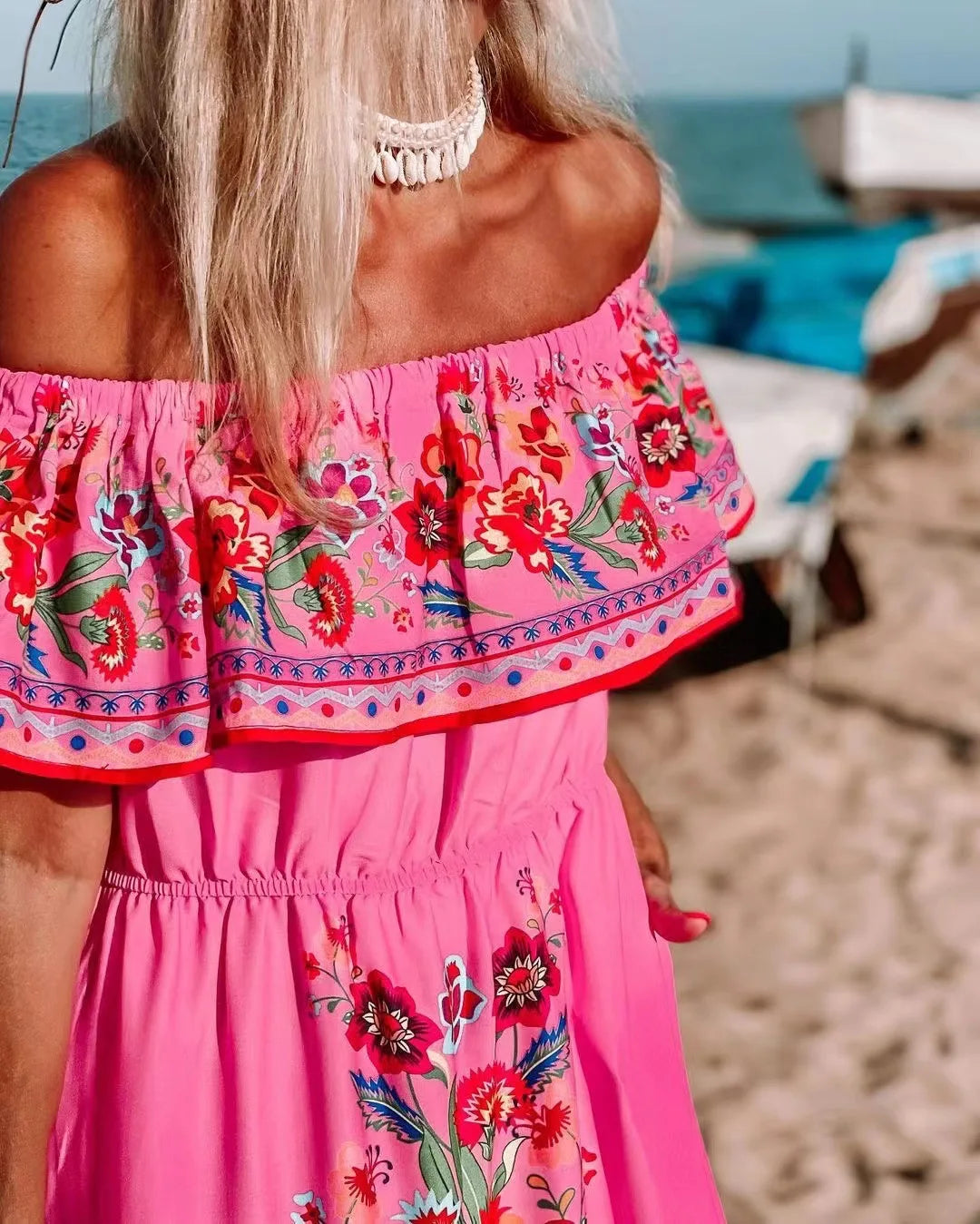 2024 Spring Summer Women's New Sexy One Shoulder Off Shoulder Fashion Red Flower Printed Lace Up Waist Long Swing Dress