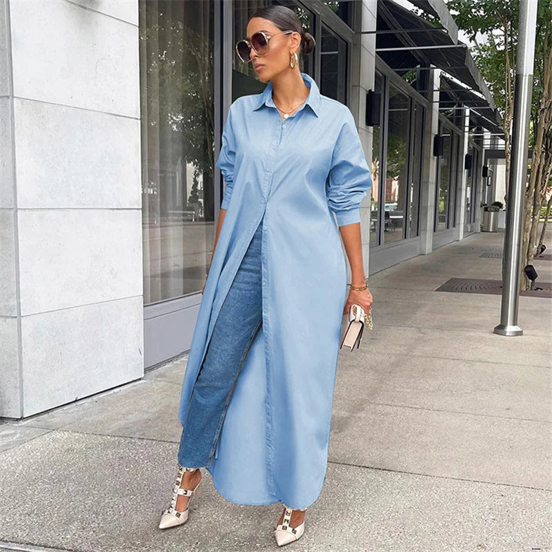 Spring Summer Long Sleeve Shirt Dress Women Turn-down Collar Button Up Straight Maxi Dress Loose Casual Long Dresses Vestidos