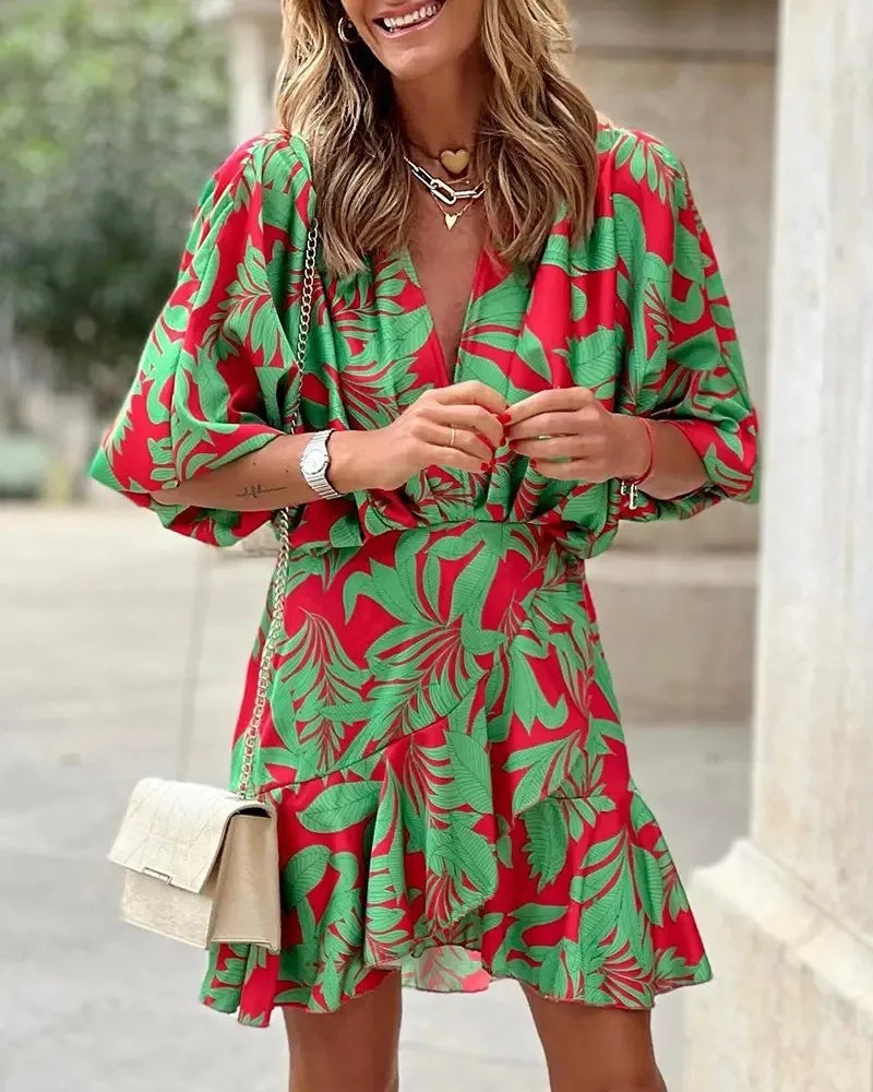 spring Irregular Mini Dress For Women Fashion Print Casual Bohemia Style Vacation Sundress Women's Bat Sleeve Ruffles Dresses