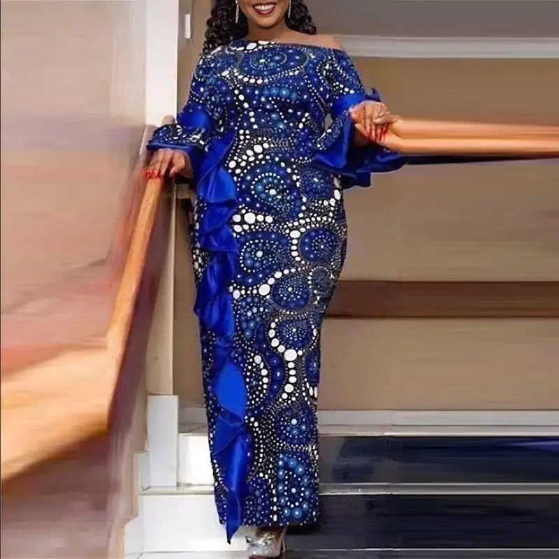 Plus Size 5XL VONDA Women One Off Sholuder Maxi Dress Bohemian Ruffled Printed Vestidos 2024 Fashion Casual Floor-Length Robe