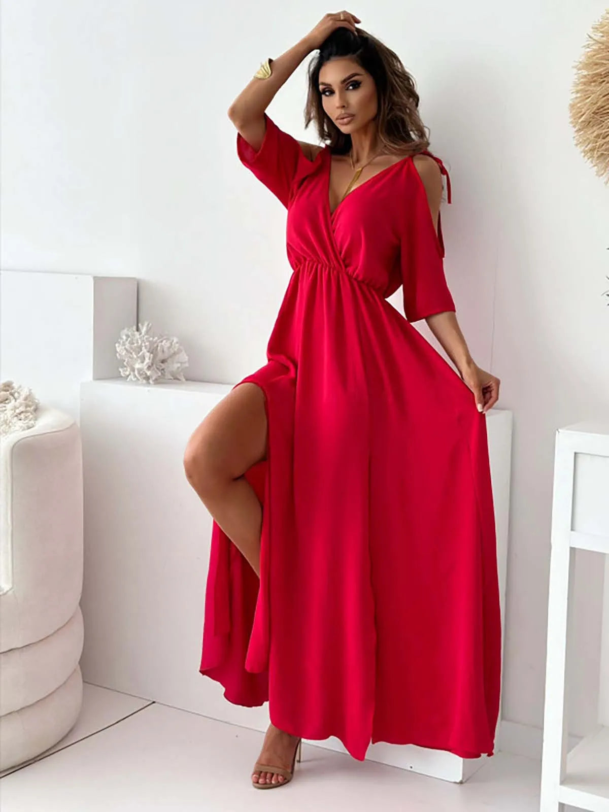 Spring New Women Dress Short Sleeve Elegant Sexy Deep V-neck Hollow Out Solid Color Slit Hem Slim Dresses 2025 Vestidos For Lady