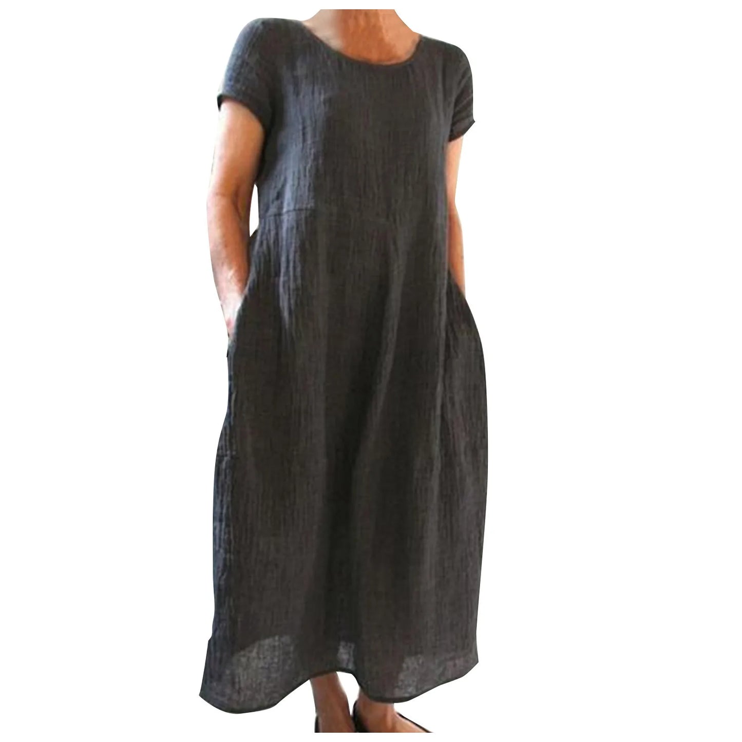 Spring Summer Woman Long Dress Office Lady Fshion Casual Loose Solid O-neck Short Sleeve Dresses For Women 2024 Female Robe