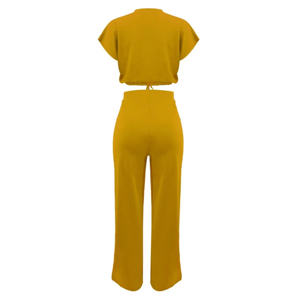 Women Casual Round Neck Drawstring Short Sleeve Top & High Waist Pants Set Summer Solid Two Piece Suit Sets Outfits Set Female