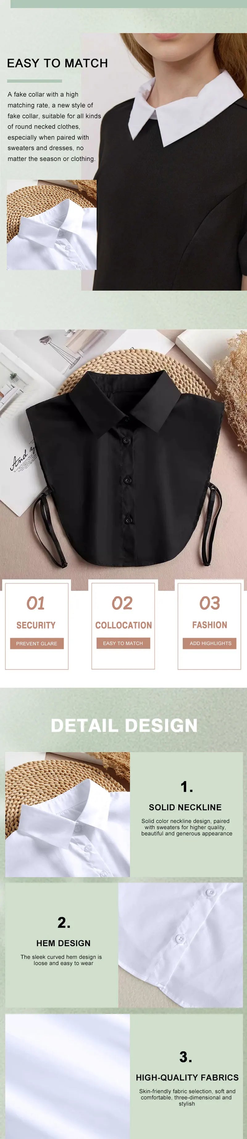 Women's Spring Fall Solid Colour Black White Vertical Small Flip Collar Versatile Shirt Jumper Jumper Fashion False Collar