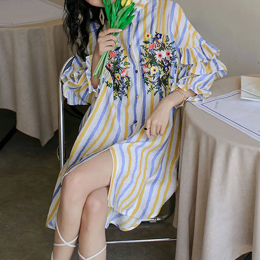 Spring Summer Floral Embroidery Dresses Contrasting Colors Striped Female Single-breasted Ruffles Spliced Straight Midi Dress