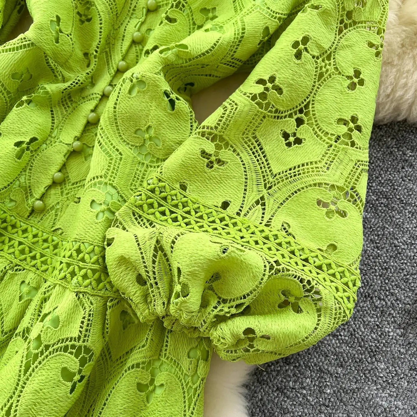 Spring French Vacation Fashion Dress Women Buttons Hook Flower Hollow Out Design 2025 High Quality Lace Ruffles Long Dress