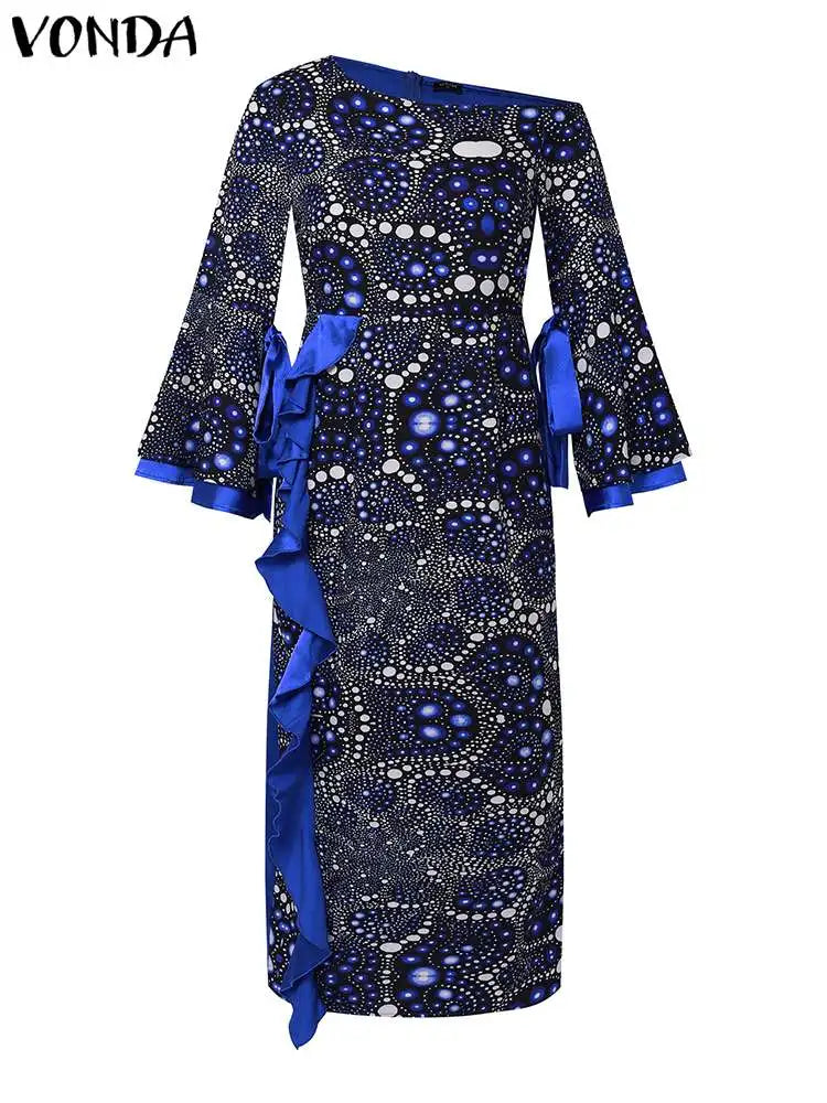 Plus Size 5XL VONDA Women One Off Sholuder Maxi Dress Bohemian Ruffled Printed Vestidos 2024 Fashion Casual Floor-Length Robe