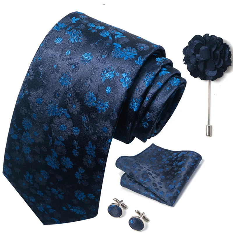 Luxury Mens Ties Floral Black Gold Ties Paisley NeckTie Pocket Square Cufflinks Brooch Set Men's Wedding Party Tie