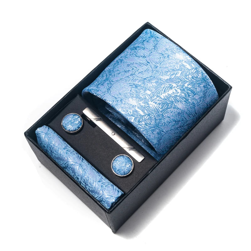 Luxury Brand 8 cm Tie Handkerchief Cufflink Clip Set For Men Wedding Gravata Suit Accessories Holiday Gift Box
