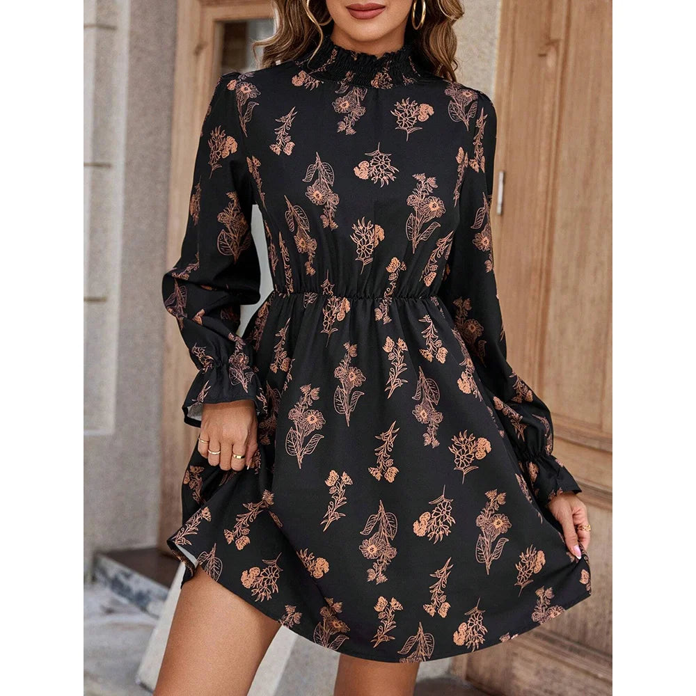 Mia Muse Women's Dresses Autumn Elegant Decent Floral Long Sleeve Stand Collar Mini Shift Casual Dresses