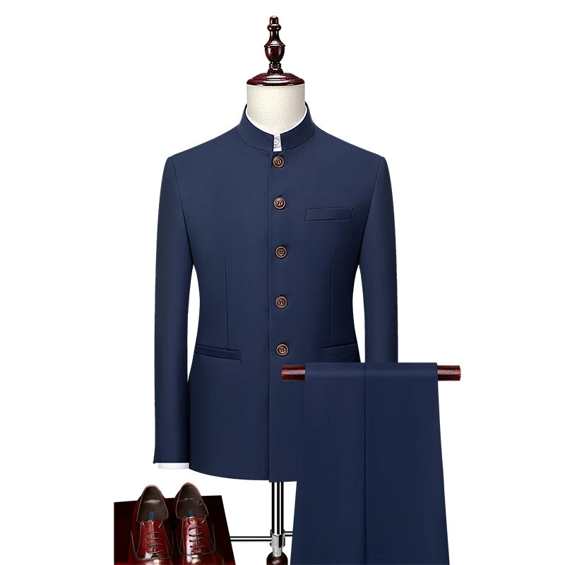 Men's Casual Business Suit (suit + Trousers) Stylish and Handsome with The Trend of Standing Collar Zhongshan Suit Two-piece Set