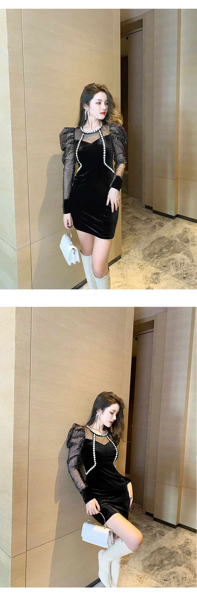 Spring Women Mini Dress French Court Retro Black Mesh Patcchwork Appliques Flower Puff Long Sleeve Bag Hip Vestidos Para Mujer