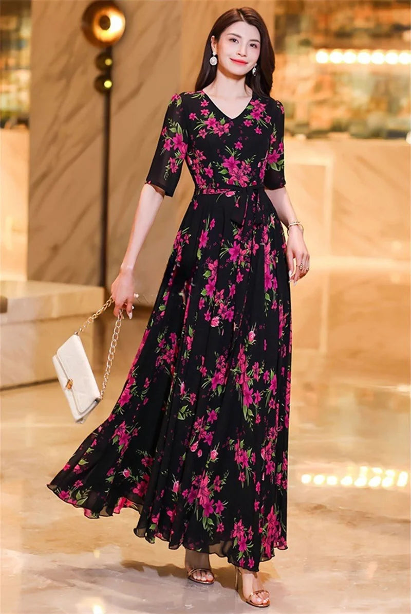 Womens Dresses Fashion Summer Dresses 2024 Summer Senior red Print Dress Long Loose Temperament Waist Loose Big Swing Dress
