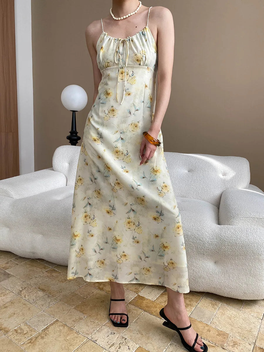 Spring and summer women's casual flower print slim fit suspender dress