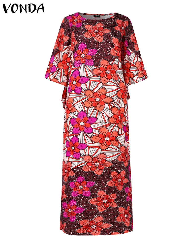 VONDA Women Summer Party Maxi Dress Bohemian Long Vestidos 2025 Vintage Printed Sundress Loose Casual O-Neck Robe Oversized