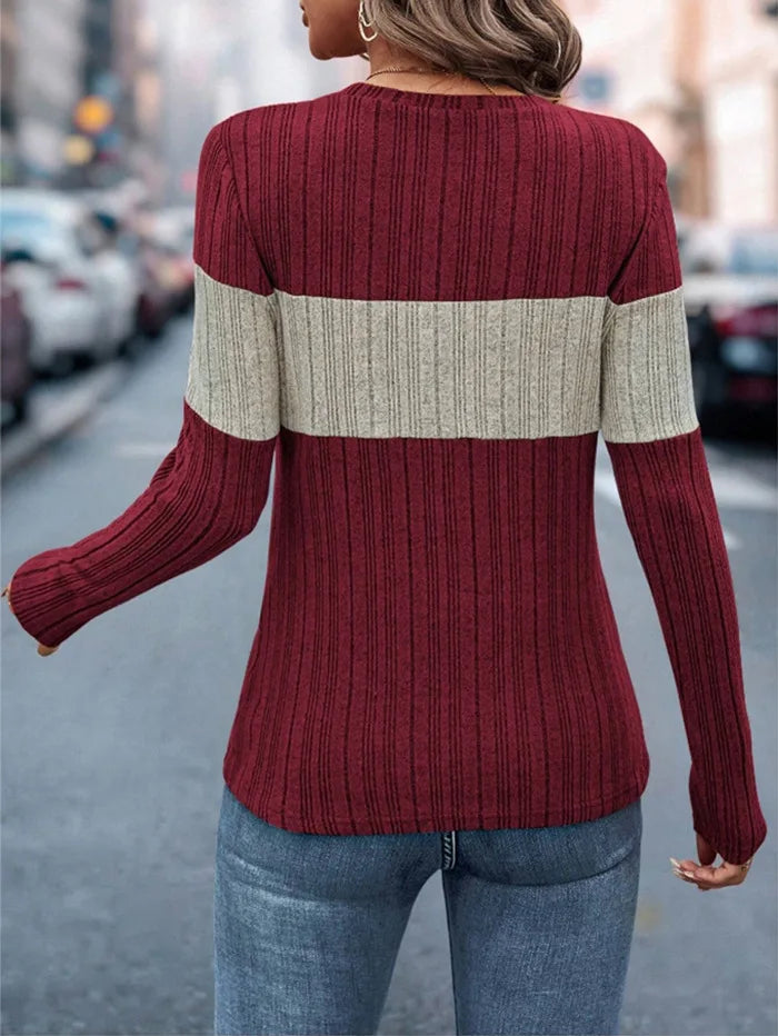 Women Tops Knitted Round Neck Full Sleeve Slim Fit Casual Regular Top Splice Tees Pleated Elegant T Shirts Autumn 2024