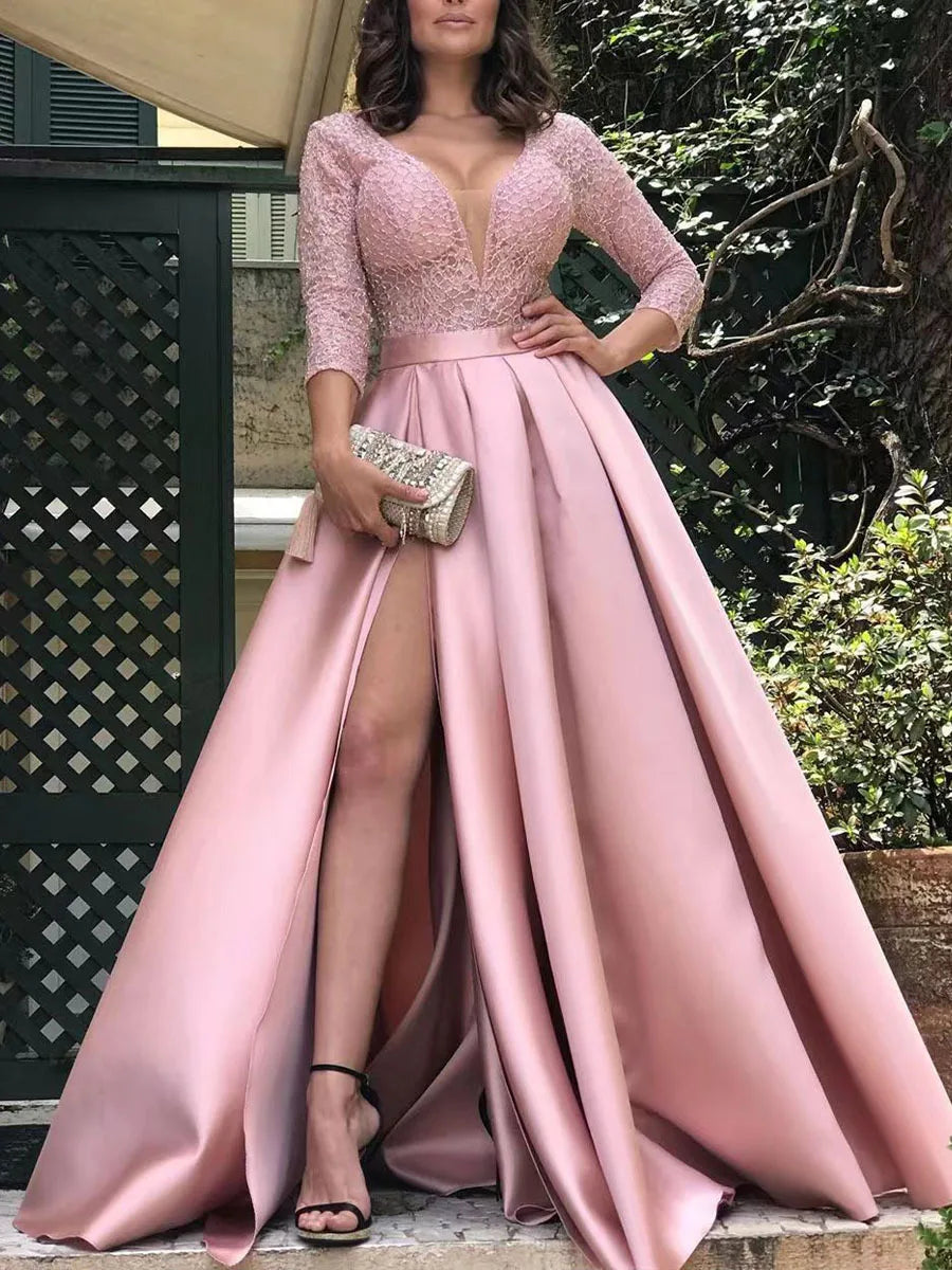 Women's Dress Spring Sexy Slim Lace Stitching Split Dress Women's Fashion Long Sleeve V-neck High Waist Party Formal Dress